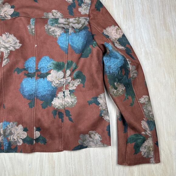 Elie Tahari Faux Leather Brown Hydrangea Floral Print Boho Chic Moto Jacket XL - Picture 9 of 16